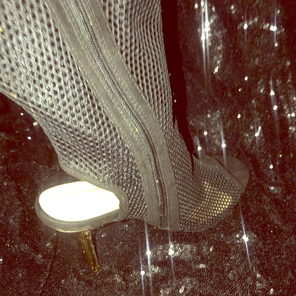 Fishnet peep toe heels